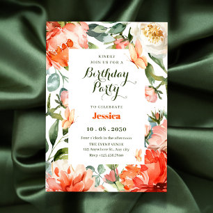 Invitación cumpleaños de floración floral verde naranja