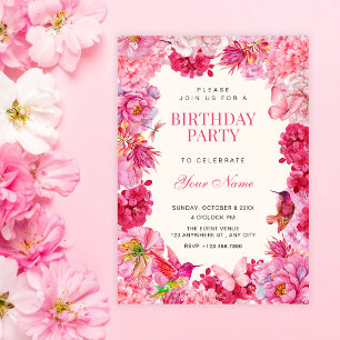 Invitación Cumpleaños de floraciones florales rústicas rosada