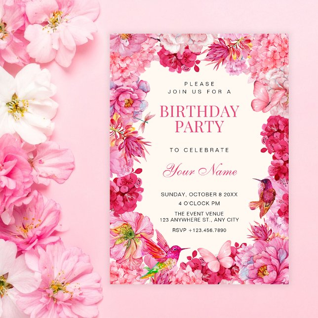 Invitación Cumpleaños de floraciones florales rústicas rosada (Subido por el creador)