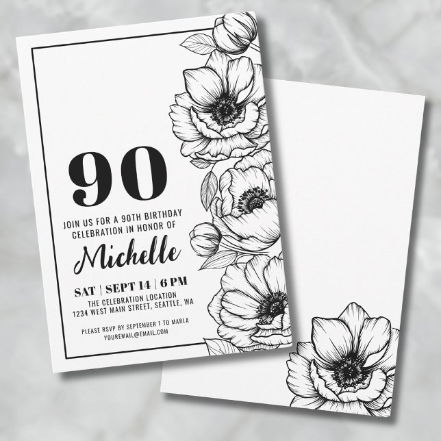 Invitación Cumpleaños de Floral 90 (Elegant Floral 90th Birthday Invitation)