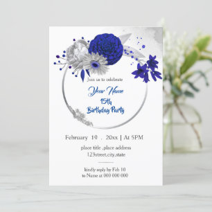 Invitación cumpleaños de floral de plata azul real