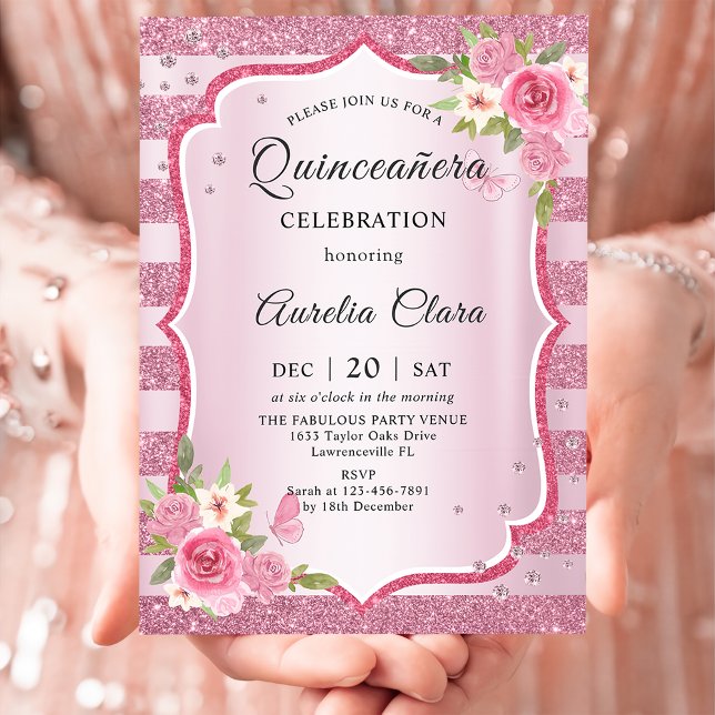 Invitación Cumpleaños de Floral Rosa Quinceañera (Subido por el creador)