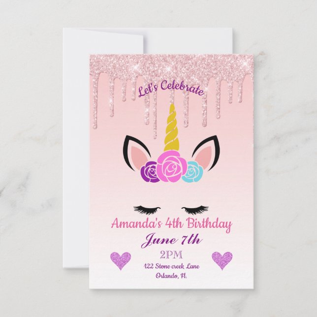 Invitación Cumpleaños de Floral Unicornio, Purpurina de Oro e (Anverso)