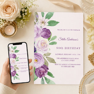 Invitación Cumpleaños de florales rosa púrpura sonrojado