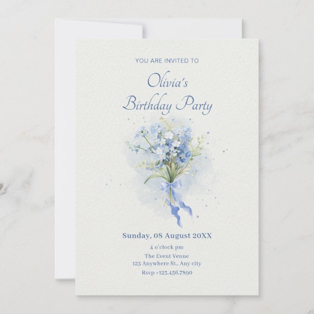 Invitación cumpleaños de flores azules (Anverso)