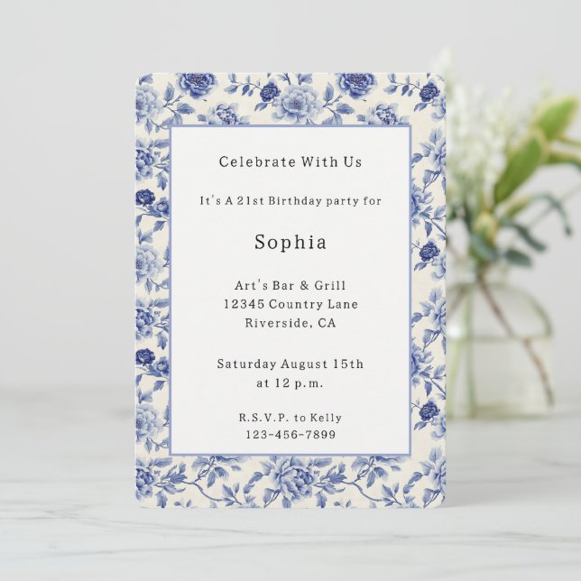 Invitación Cumpleaños de flores azules bonitas   (Anverso de pie)