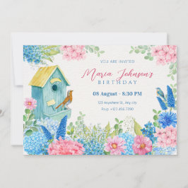 Invitación cumpleaños de flores azules rosadas