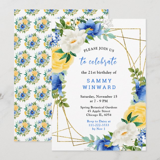Invitación Cumpleaños de flores azules y amarillas con follaj (Anverso / Reverso)