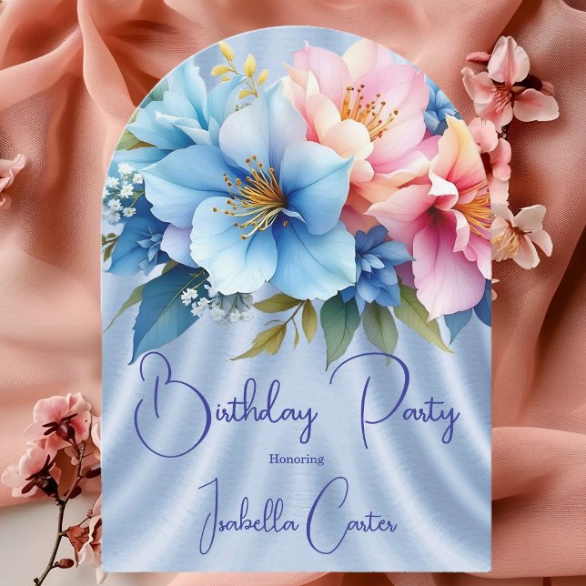Invitación Cumpleaños de flores azules y rosadas bonitas (Subido por el creador)