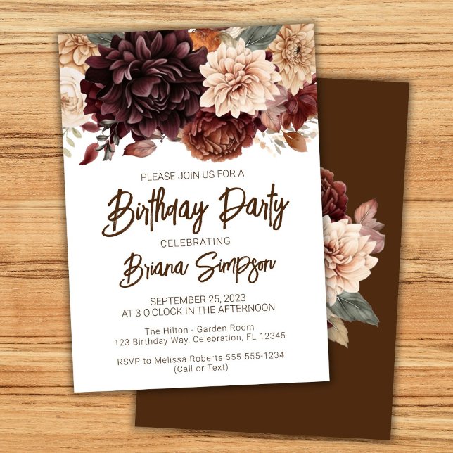 Invitación Cumpleaños de flores beige marrones (Subido por el creador)