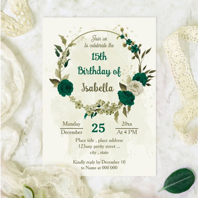 Invitación cumpleaños de flores beige verde esmeralda (Subido por el creador)