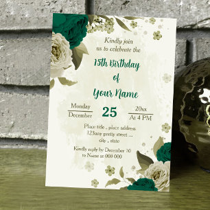 Invitación cumpleaños de flores beige verde esmeralda