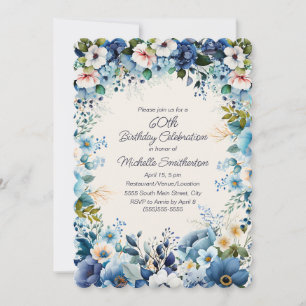 Invitación Cumpleaños de flores blancas azules con borde esca