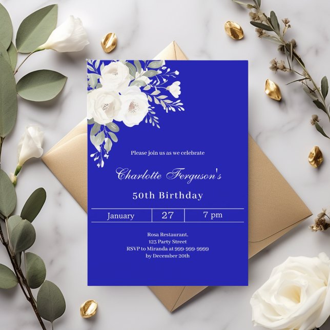 Invitación cumpleaños de flores blancas azules reales (Subido por el creador)