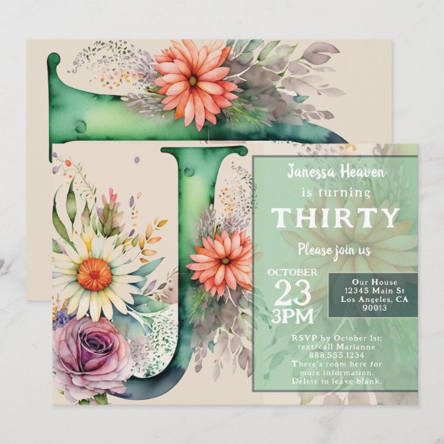Invitación Cumpleaños de flores de acuarela coloridas monogra (Anverso / Reverso)