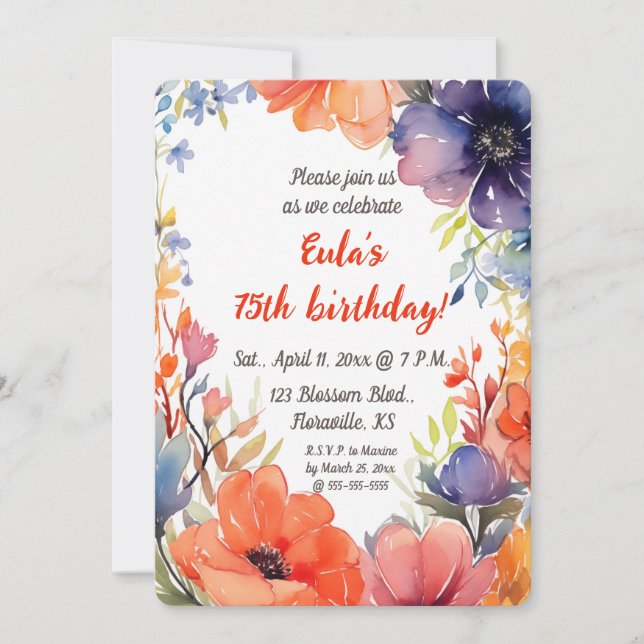 Invitación Cumpleaños de Flores de acuarela editables (Anverso)