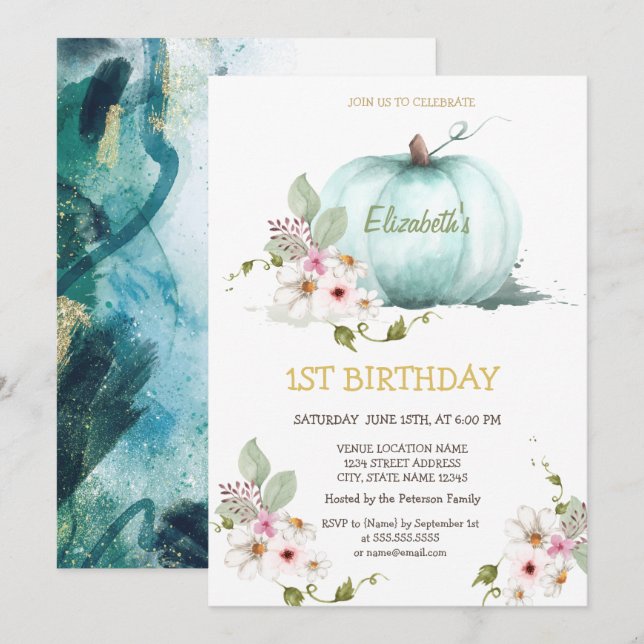 Invitación Cumpleaños de flores de calabaza acuarela (Anverso / Reverso)