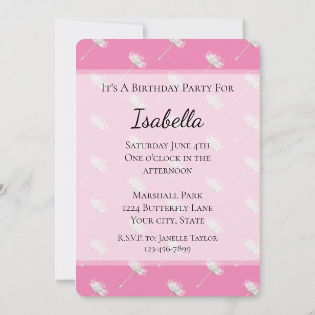 Invitación Cumpleaños de flores de diente de león rosadas chi (Reverso)