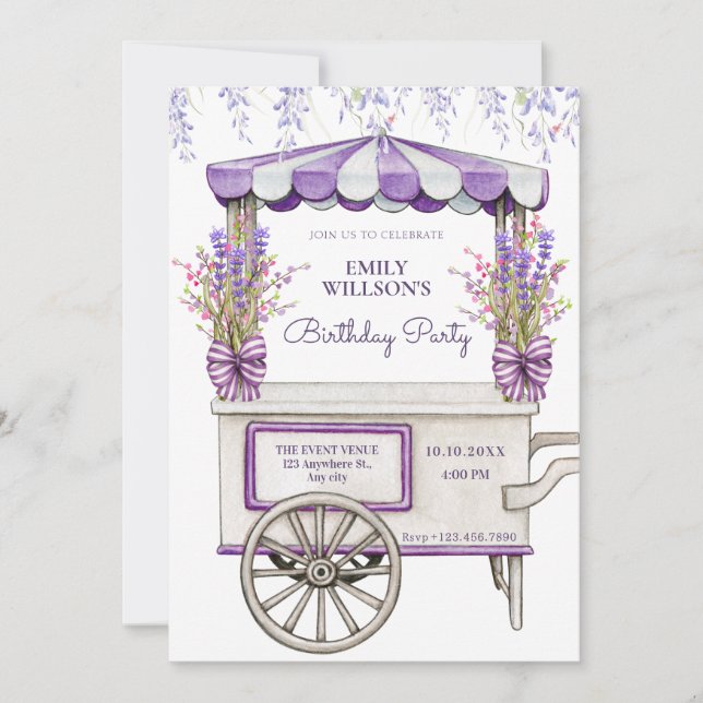 Invitación cumpleaños de flores de lavanda de lila púrpura (Anverso)