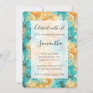 Invitación Cumpleaños de flores de mandarina turquesa