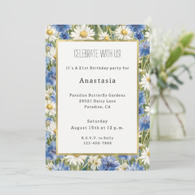 Invitación Cumpleaños de flores de margarita blancas azules (Anverso de pie)