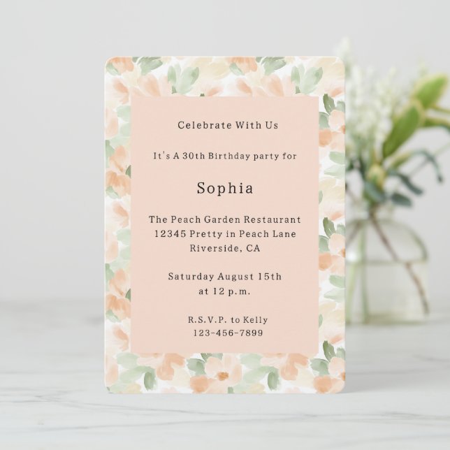 Invitación Cumpleaños de Flores de Melocotón Bonitas (Anverso de pie)