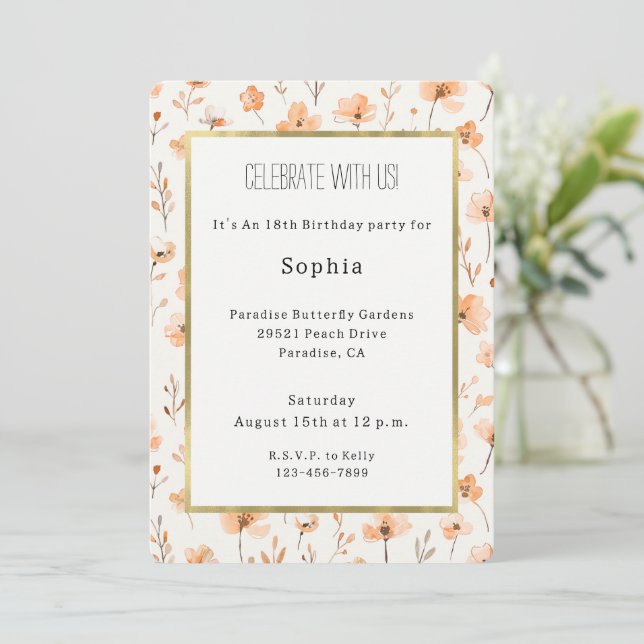 Invitación Cumpleaños de Flores de Melocotón Bonito (Anverso de pie)