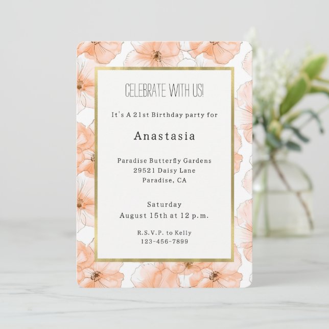 Invitación Cumpleaños de Flores de Melocotón Bonito (Anverso de pie)