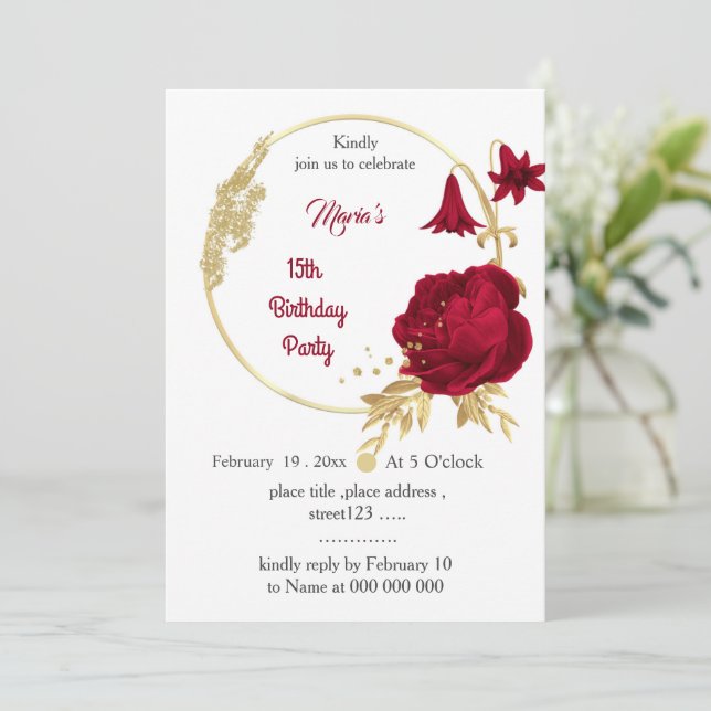 Invitación cumpleaños de flores de oro y burdeos (Anverso de pie)