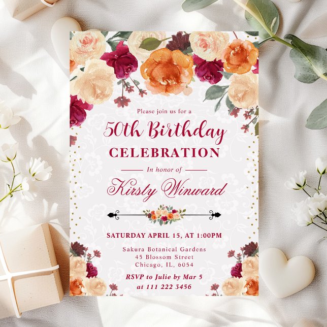 Invitación Cumpleaños de flores de otoño rojas y anaranjadas (Subido por el creador)