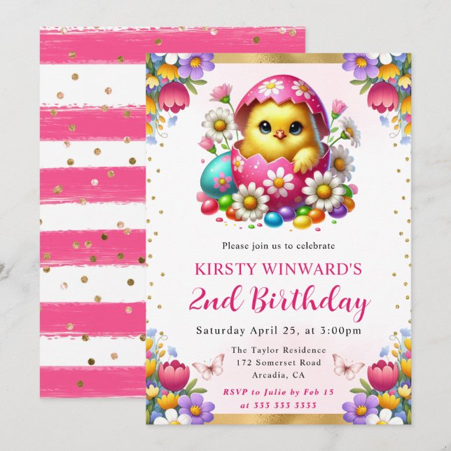 Invitación Cumpleaños de Flores de Pascua de Acuarela Pollito (Anverso / Reverso)