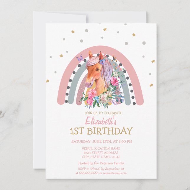 Invitación Cumpleaños de Flores de Poni de Arcoíris de Acuare (Anverso)