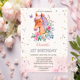 Invitación Cumpleaños de flores de pony acuarela