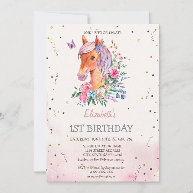Invitación Cumpleaños de flores de pony acuarela (Anverso)