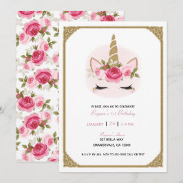 Invitación Cumpleaños de flores de rosas unicornio dorado y r
