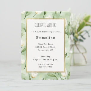 Invitación Cumpleaños de flores de tulipán blancas verdes bon
