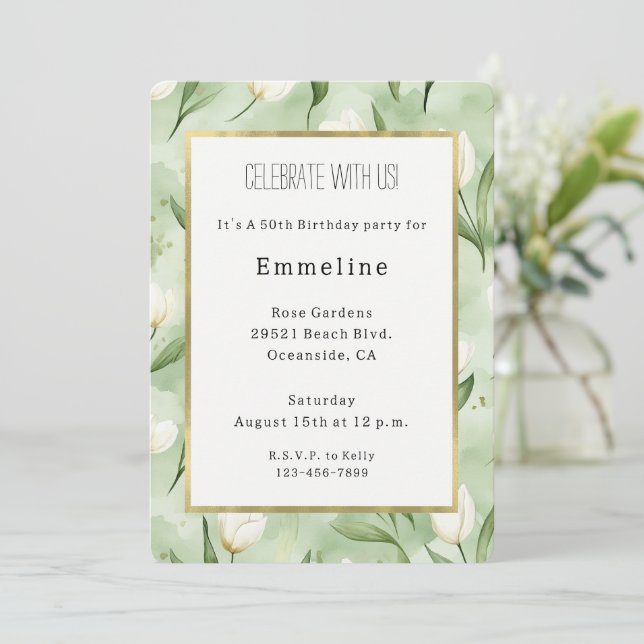 Invitación Cumpleaños de flores de tulipán blancas verdes bon (Anverso de pie)