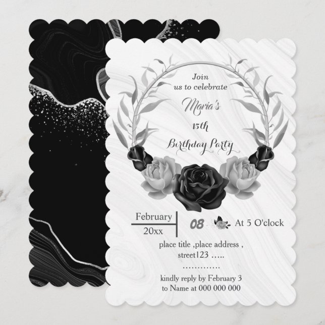 Invitación cumpleaños de flores grises y negras plateadas (Anverso / Reverso)