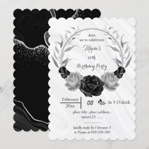 Invitación cumpleaños de flores grises y negras plateadas