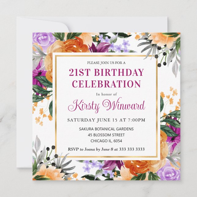 Invitación Cumpleaños de Flores Moradas, Naranjas y Negras (Anverso)