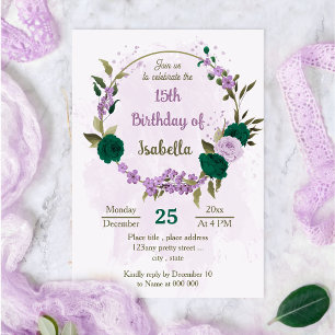 Invitación cumpleaños de flores moradas verdes esmeraldas