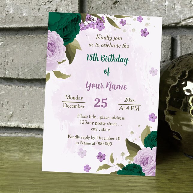 Invitación cumpleaños de flores moradas verdes esmeraldas (Subido por el creador)