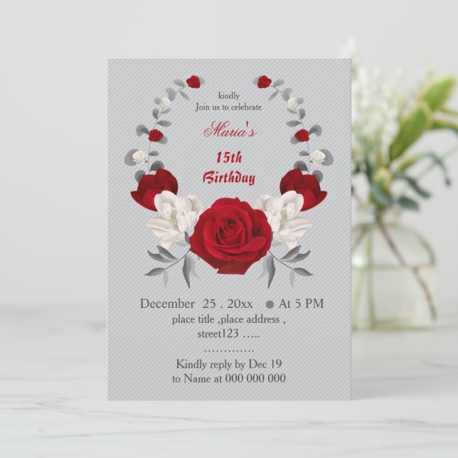 Invitación cumpleaños de flores rojas y blancas (Anverso de pie)