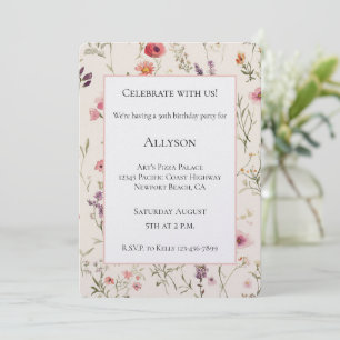 Invitación Cumpleaños de flores rosadas púrpura bonitas