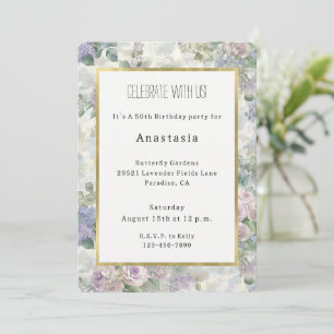 Invitación Cumpleaños de Flores Rosadas Purpúreas Románticas