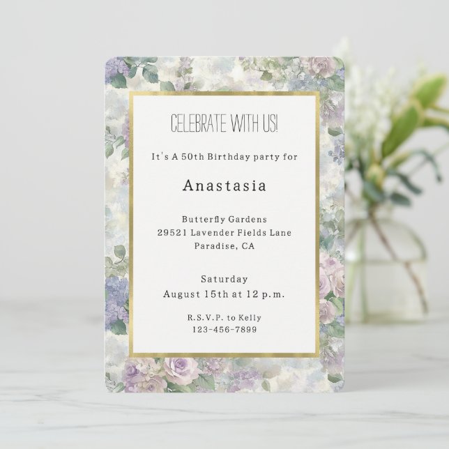 Invitación Cumpleaños de Flores Rosadas Purpúreas Románticas (Anverso de pie)