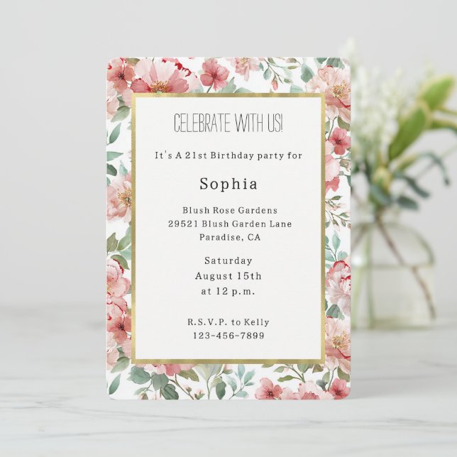 Invitación Cumpleaños de flores rosadas rojas (Anverso de pie)