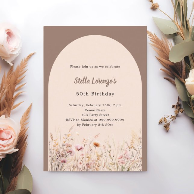 Invitación cumpleaños de flores silvestres beige de Mocha (Subido por el creador)