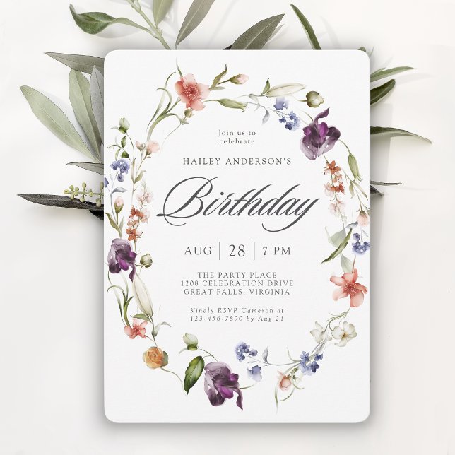 Invitación Cumpleaños de flores silvestres femeninas (Invitation may be ordered in both printed and instant download digital formats.)