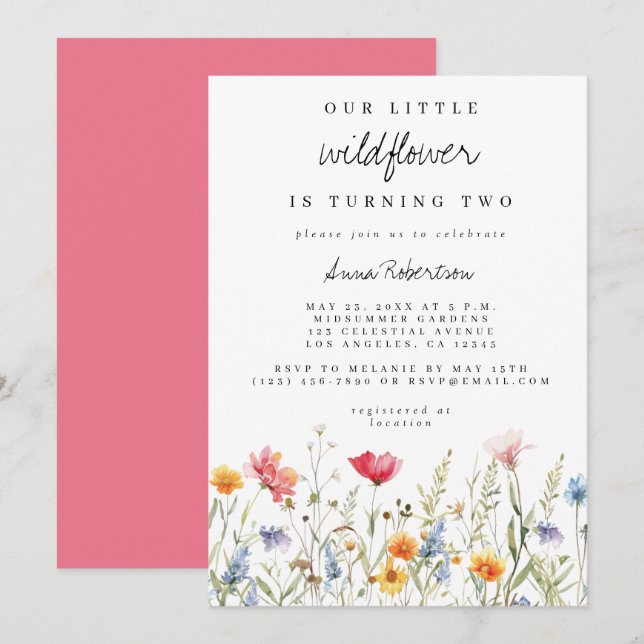 Invitación Cumpleaños de flores silvestres pintadas con acuar (Anverso / Reverso)